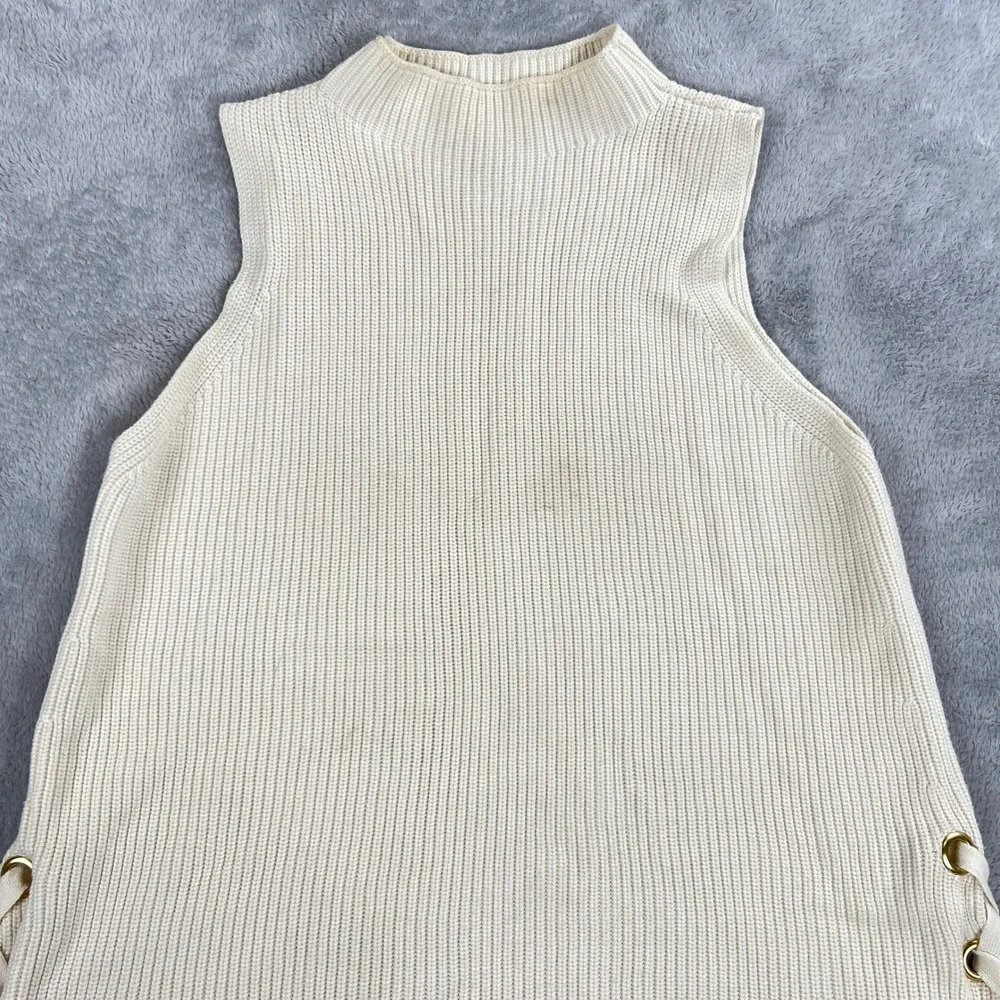 Michael Kors Lace Up Side Ribbed Knit Sweater L White Women Mock Neck Sleeveless